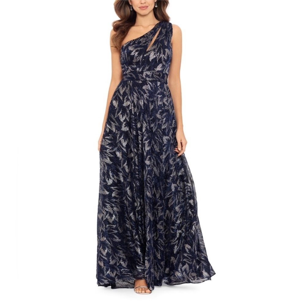 Betsy & Adam One Shoulder Navy and Silver Dress Size 14